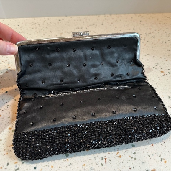 VTG Hand Beaded Hong Kong Black Bead & Sequin Folding Carry Clutch Evening Bag - Picture 3 of 10